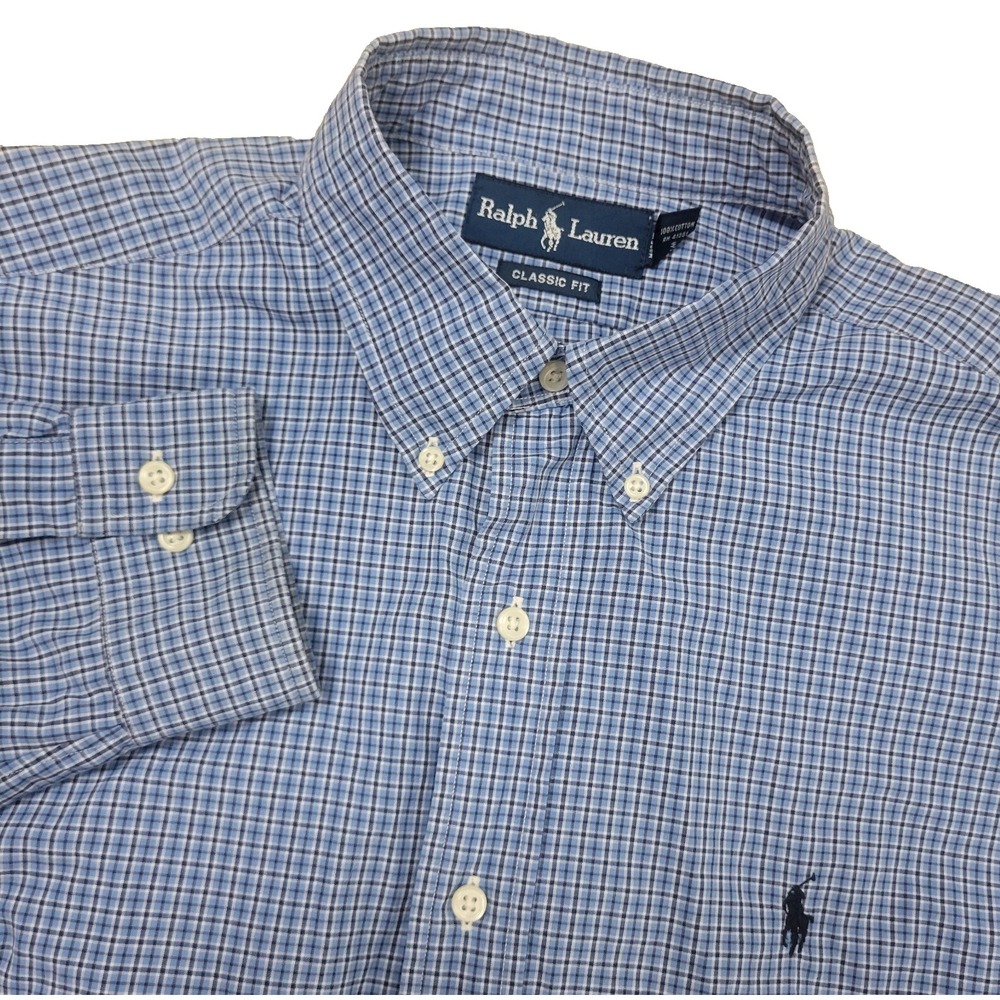 Vintage Ralph Lauren‎ Classic Fit Mens Large Blue Plaid Pony Button Down
